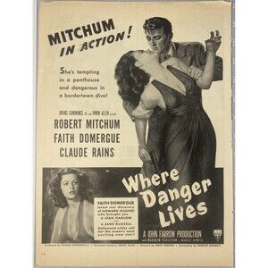 Movie Print Ad Circa 1950 "Where Danger Lives" Robert Mitchum & Faith Domergue